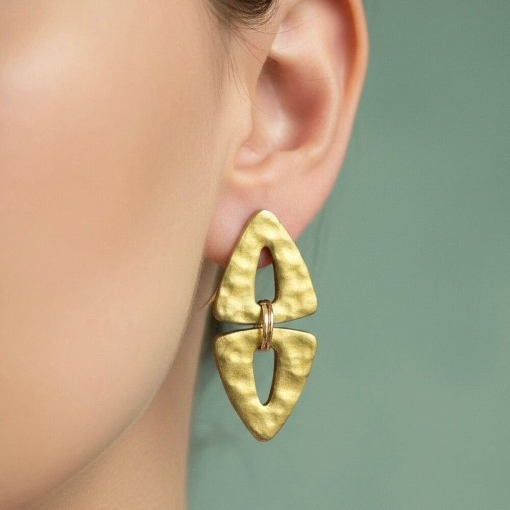 Handmade Green & Gold Hammered Polymer Clay Textured Statement Dangle Earrings
